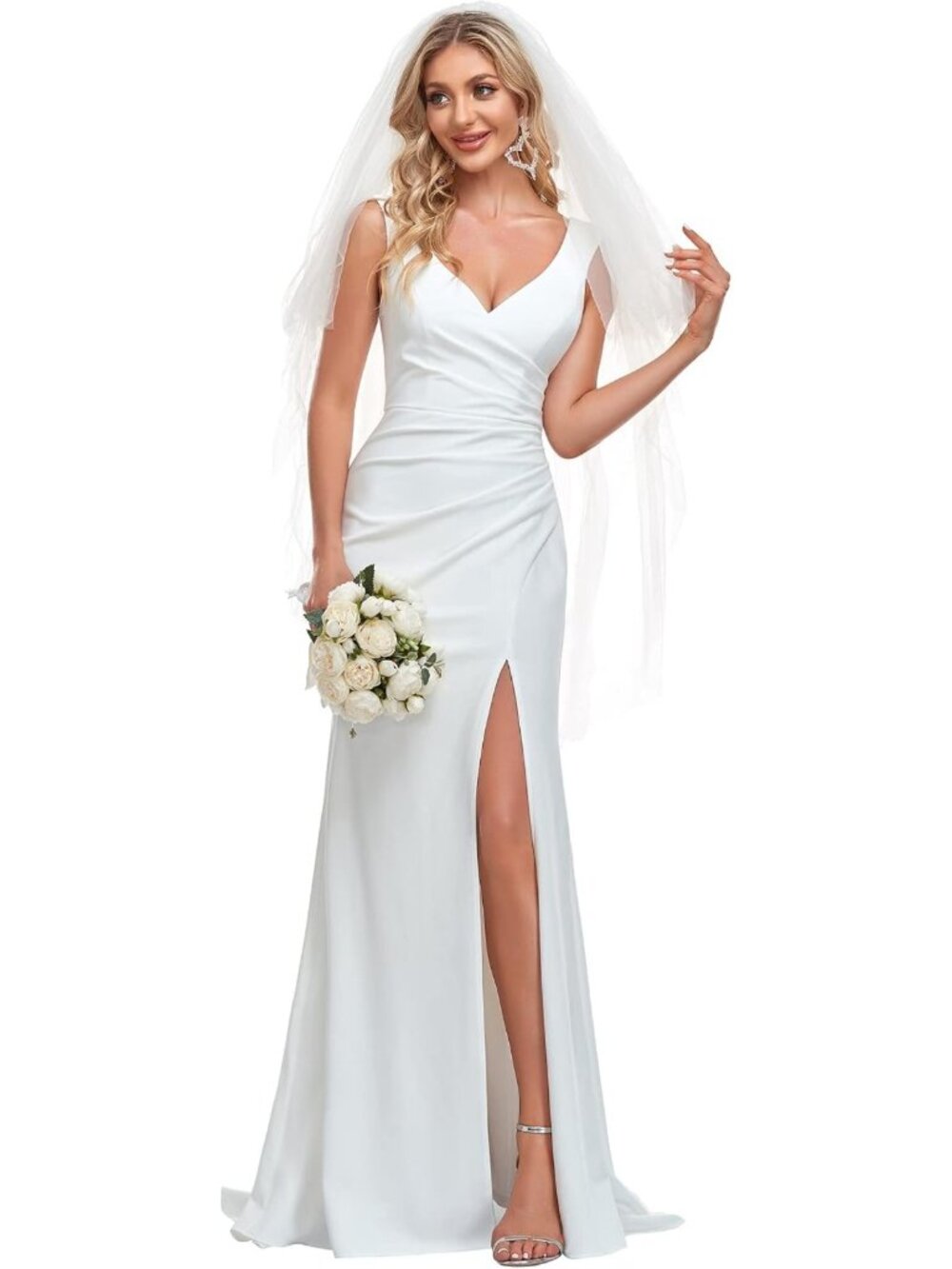 Ever-Pretty White V Neck Sleeveless Wedding Dress with Slit Size 12